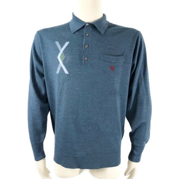 Montagut Paris Blue Wool Acrylic Knit Long Sleeved Polo Sweater 5 - Picture 1 of 6
